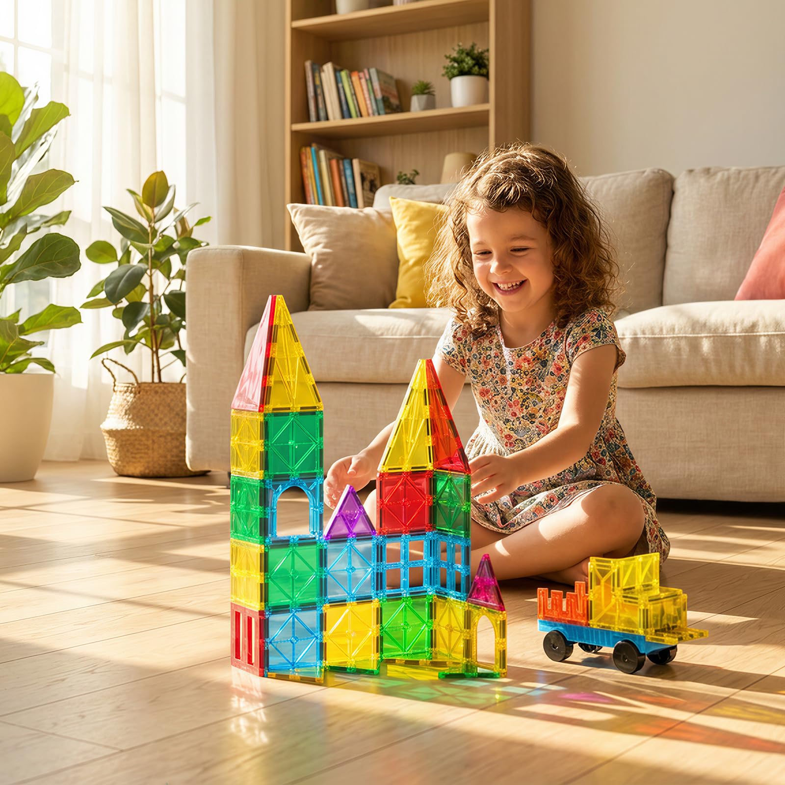 Compact storage tray for Bmag magnetic tiles makes cleanup quick and organized.