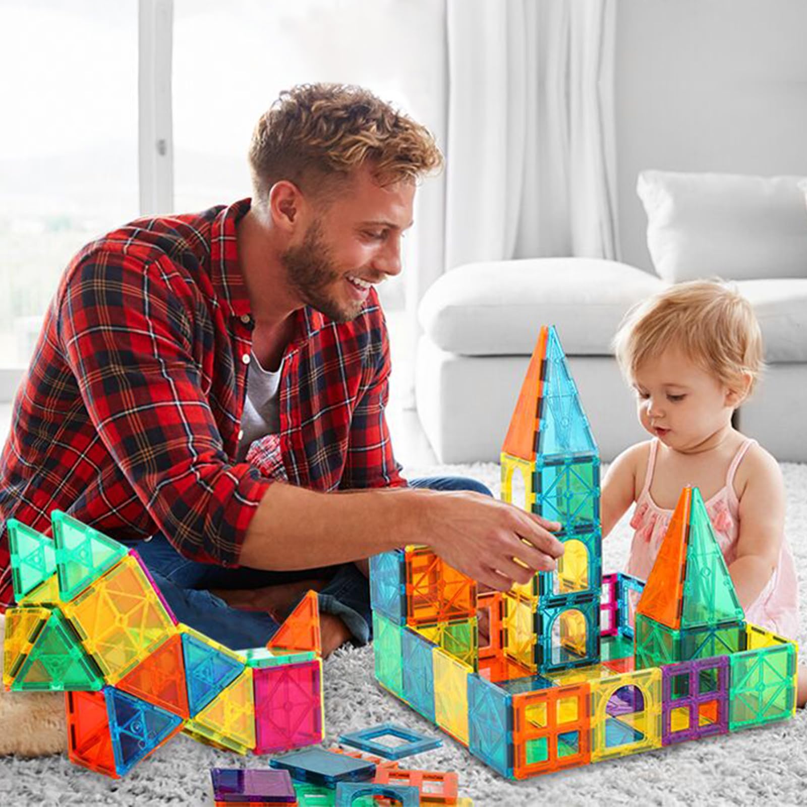 Bmag magnetic tiles triangles enable colorful, imaginative structures.