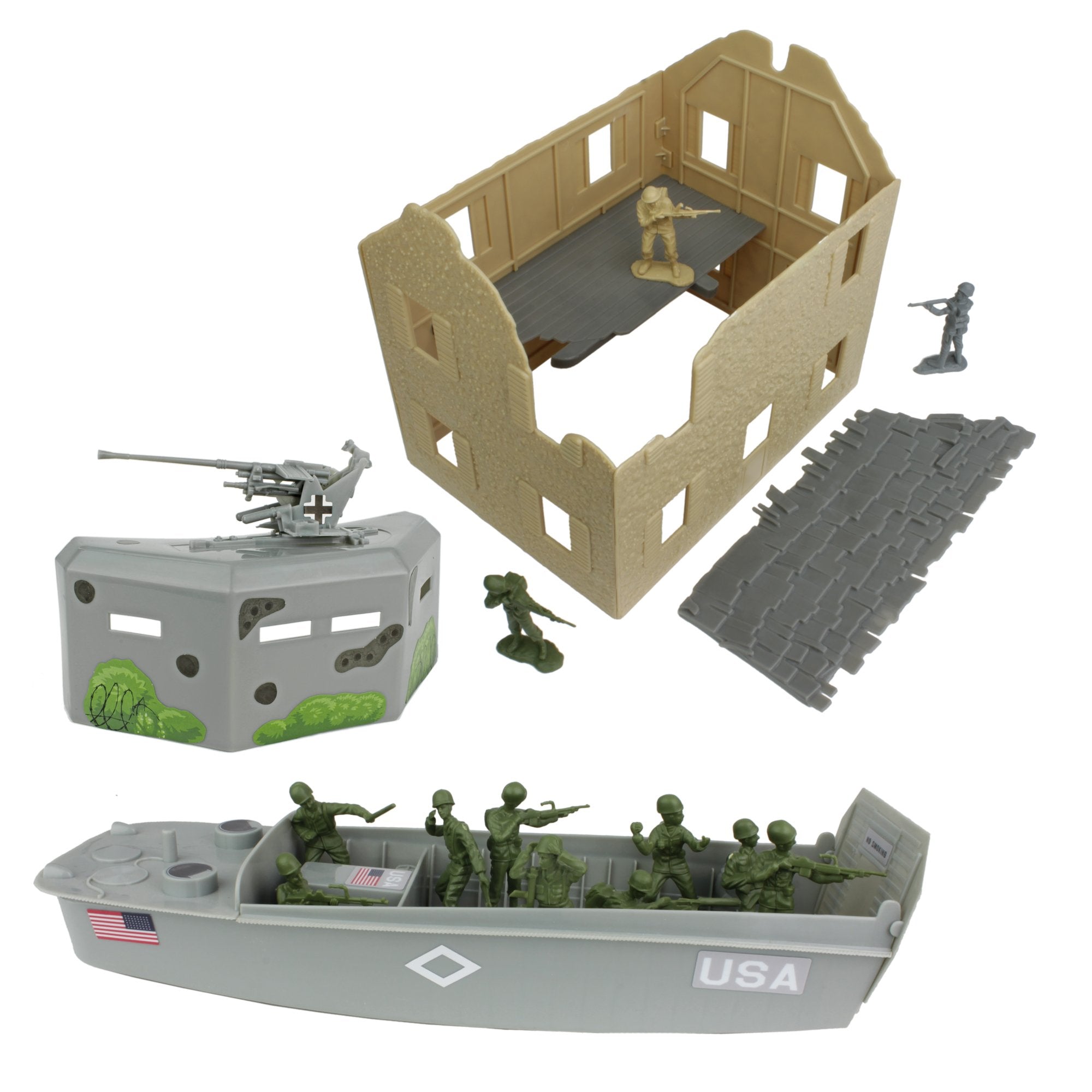 BMC Toys Higgins boat landing craft enables beach assault setup.