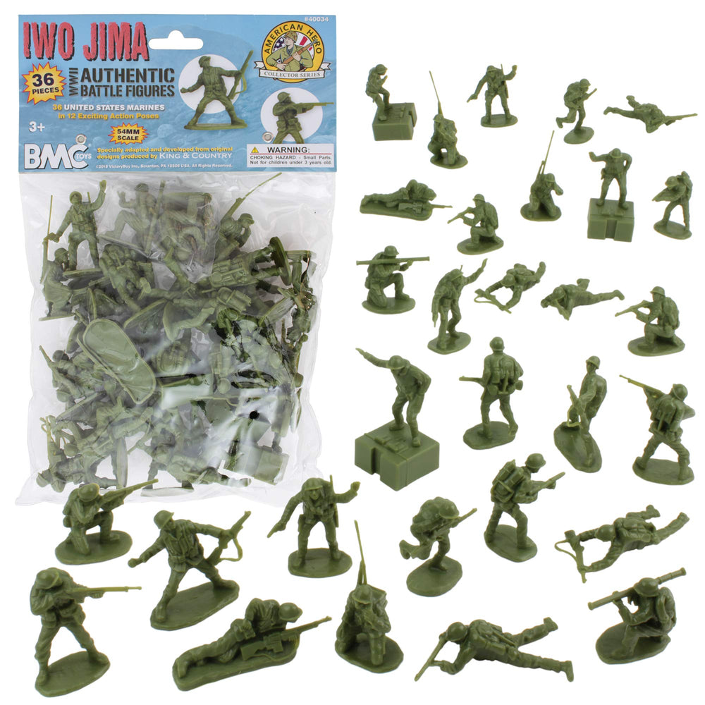 BMC Toys Iwo Jima Marines figures in olive drab for authentic display and imaginative play.
