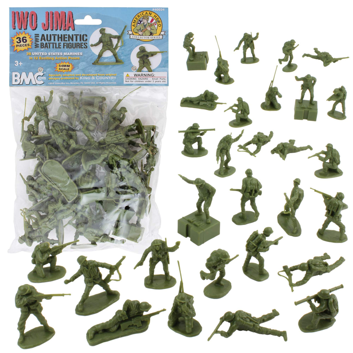BMC Toys Iwo Jima Marines figures in olive drab for authentic display and imaginative play.
