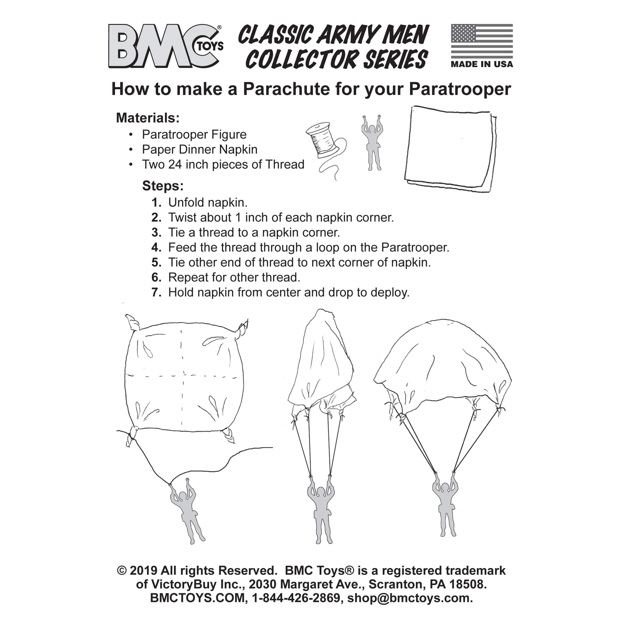 BMC Toys pink US parachute instructions illustrating napkin and thread DIY parachutes.