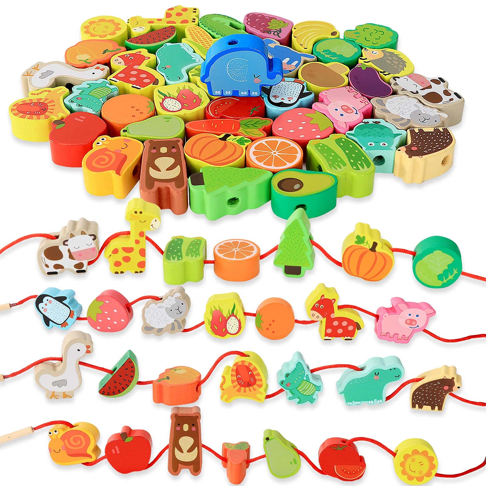 BMTOYS Montessori threading animals beads aid hand-eye coordination during play.