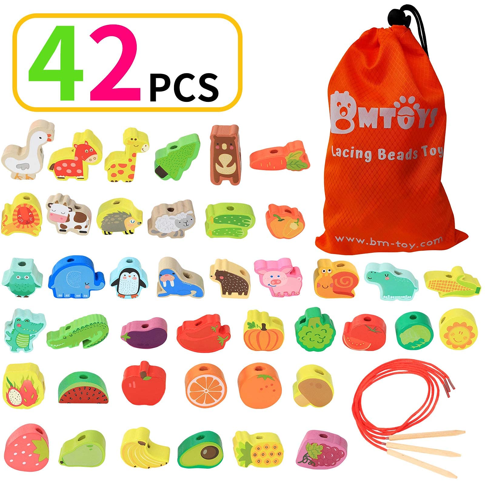 BMTOYS Montessori threading fruits promote naming and counting through tactile beads.