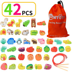 BMTOYS Montessori threading fruits promote naming and counting through tactile beads.