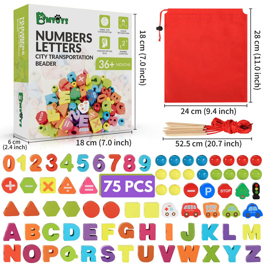 BMTOYS Montessori wooden toy supports early learning through threading colors and shapes