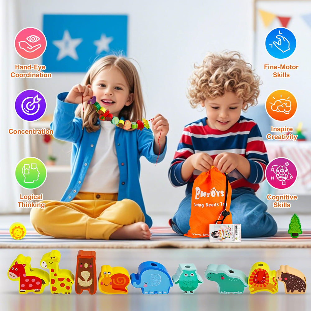 BMTOYS threading toy with storage bag ideal for home and travel learning.