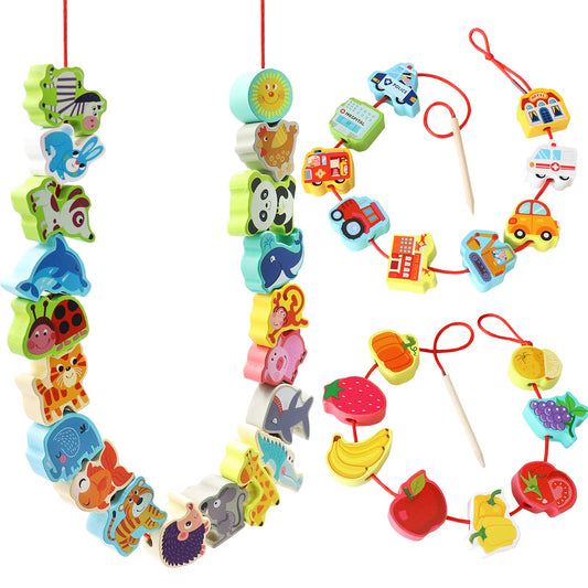 BMTOYS wooden lacing beads set with animal shapes for creative threading.