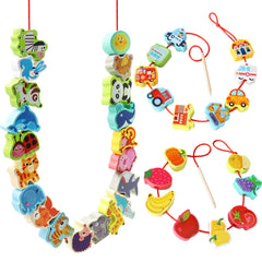 BMTOYS wooden lacing beads set with animal shapes for creative threading.