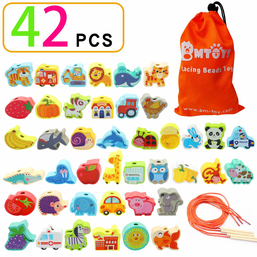 BMTOYS wooden beads featuring fruits and vegetables for sorting and counting.