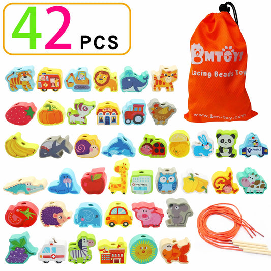 BMTOYS wooden beads featuring fruits and vegetables for sorting and counting.