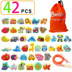 BMTOYS wooden beads featuring fruits and vegetables for sorting and counting.