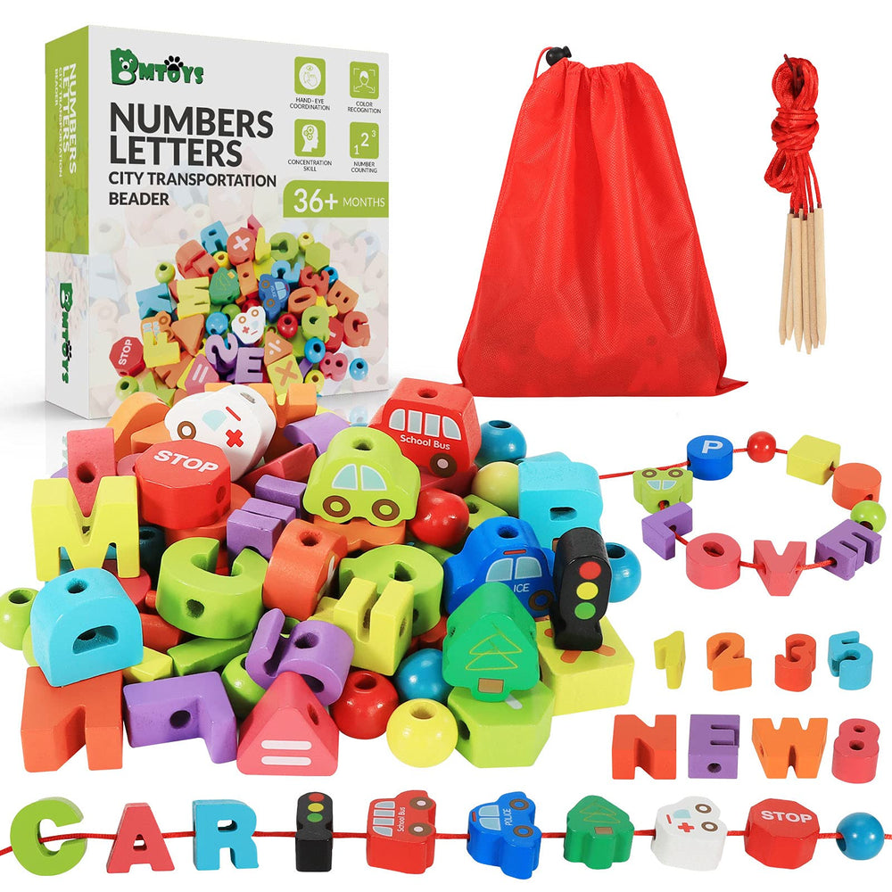 BMTOYS wooden lacing beads with alphabet and numbers to boost fine motor skills