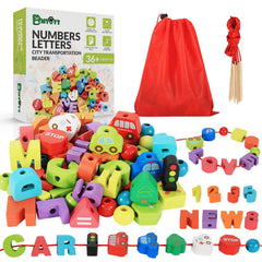 BMTOYS wooden lacing beads with alphabet and numbers to boost fine motor skills