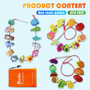 BMTOYS wooden threading beads set provides durable, kid-friendly learning through lacing.