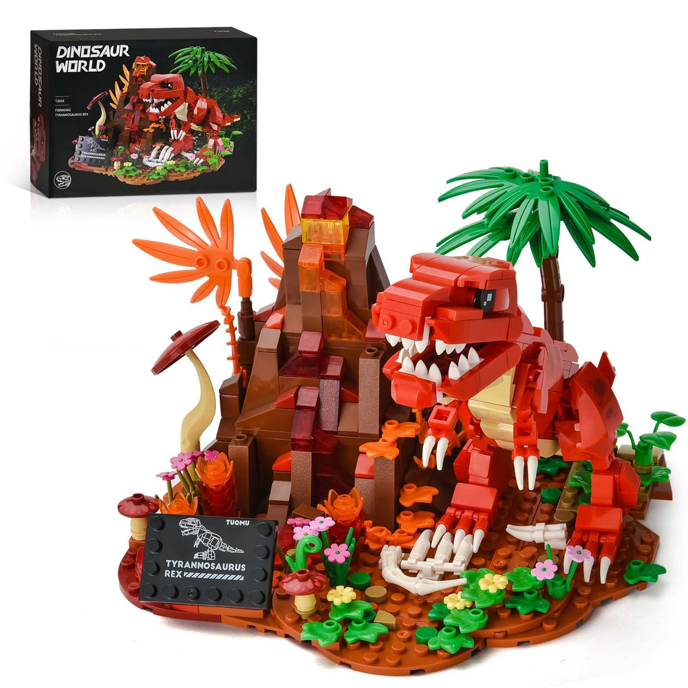 BNG Dinosaur Building Set with volcano-foraging Tyrannosaurus Rex for a dramatic desk diorama.