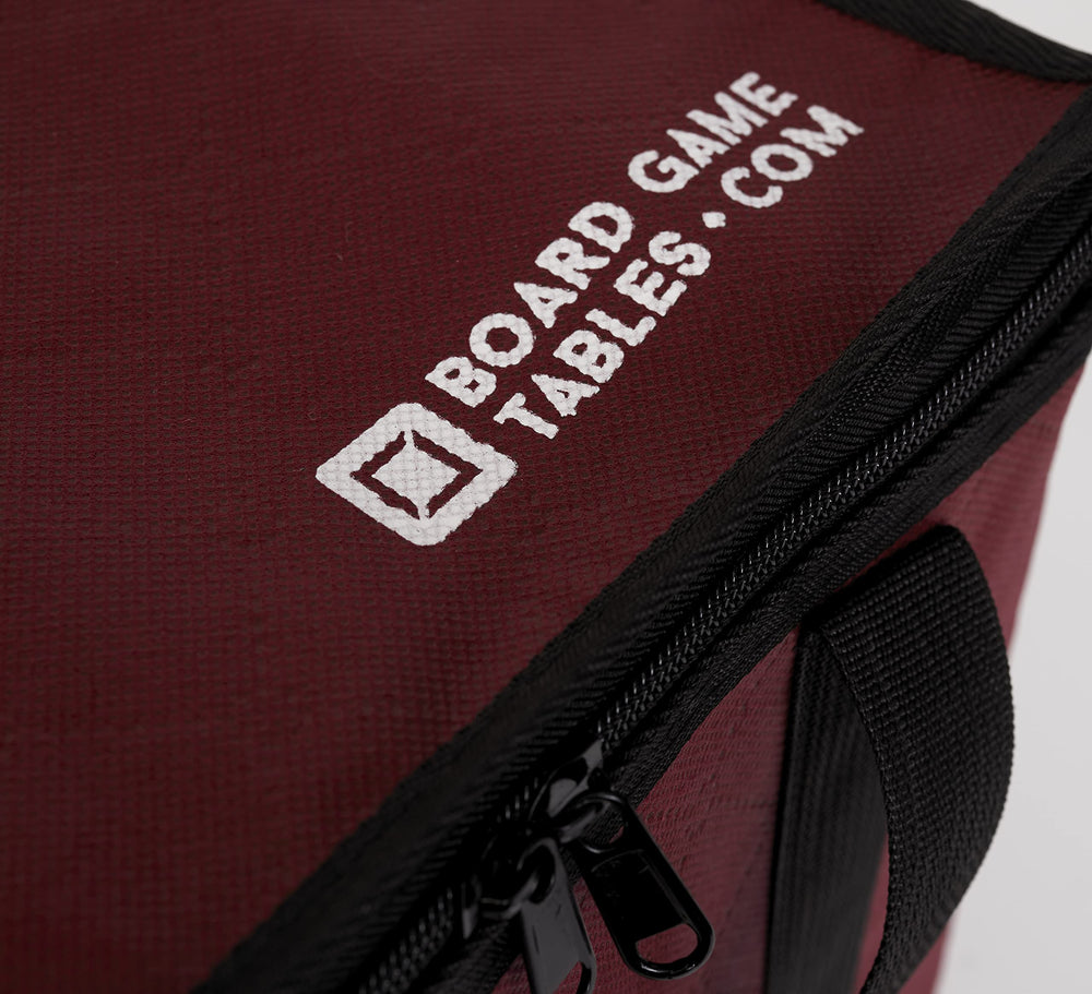 BOARD GAME TABLES.COM red bag with zippered lid protects contents during travel