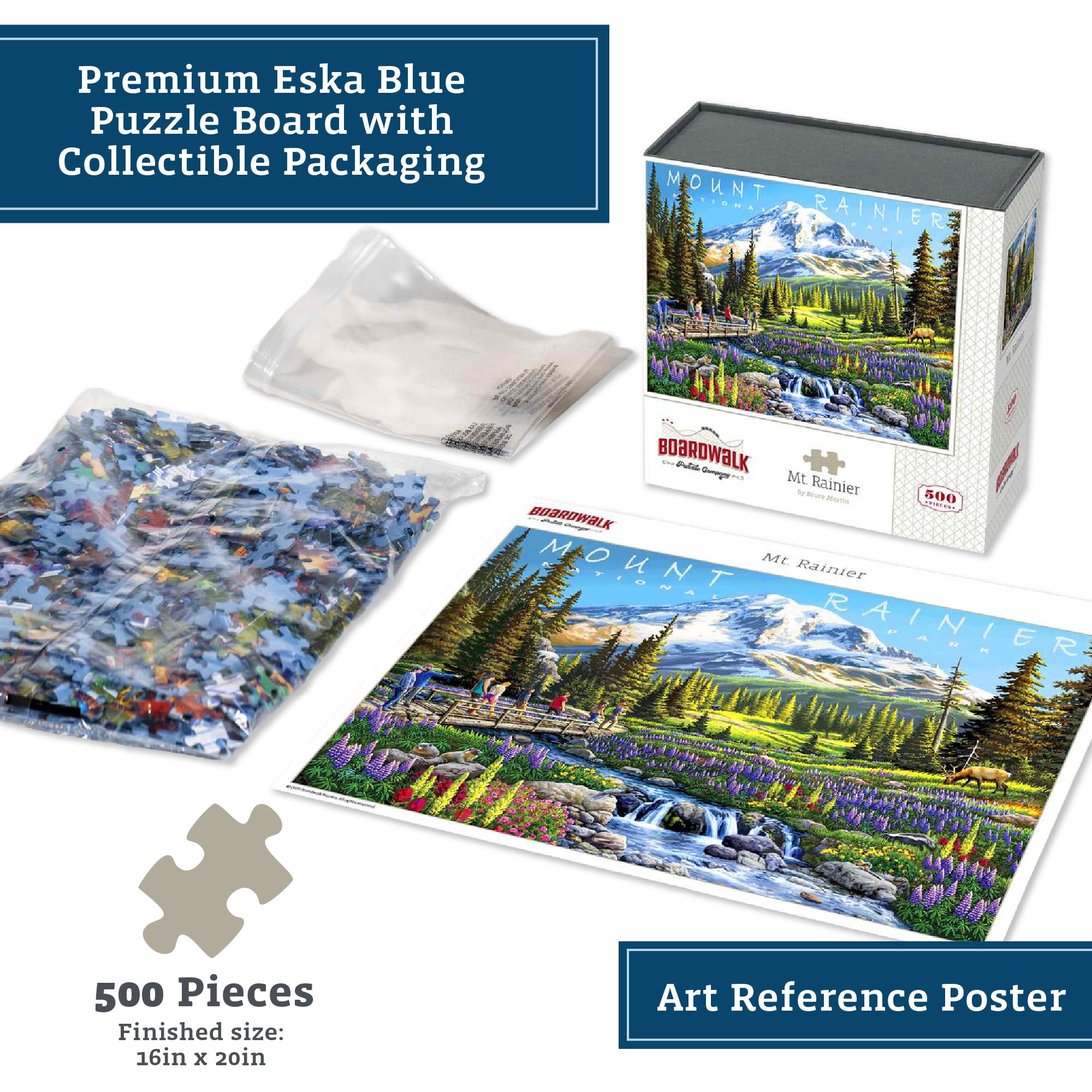 Boardwalk Puzzles assembled puzzle on table reveals the full mountain scene