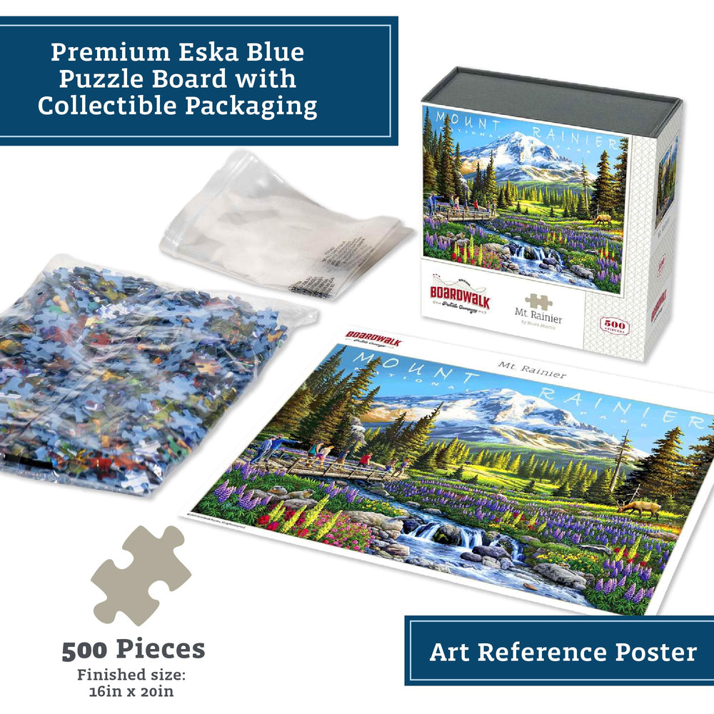 Boardwalk Puzzles assembled puzzle on table reveals the full mountain scene