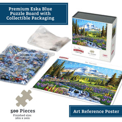 Boardwalk Puzzles assembled puzzle on table reveals the full mountain scene