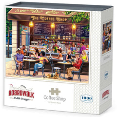 Boardwalk Puzzles Coffee Shop art detail highlights vibrant colors for family puzzling