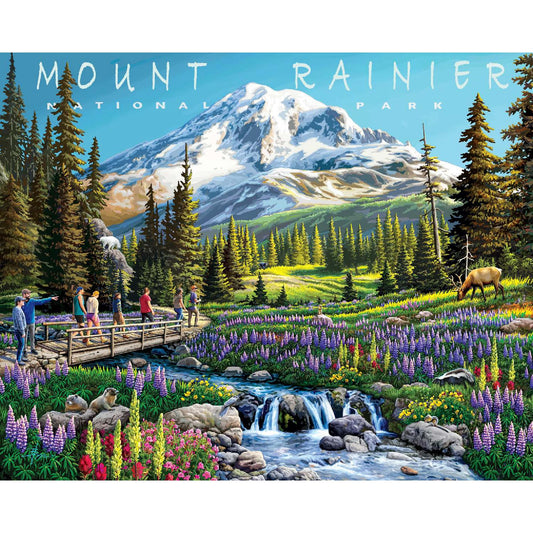 Boardwalk Puzzles Mt Rainier front box art for an immersive park scene puzzle experience
