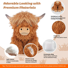 Bobbie & Laxi Highland Cow weighted plush laying pose for cozy relaxation.