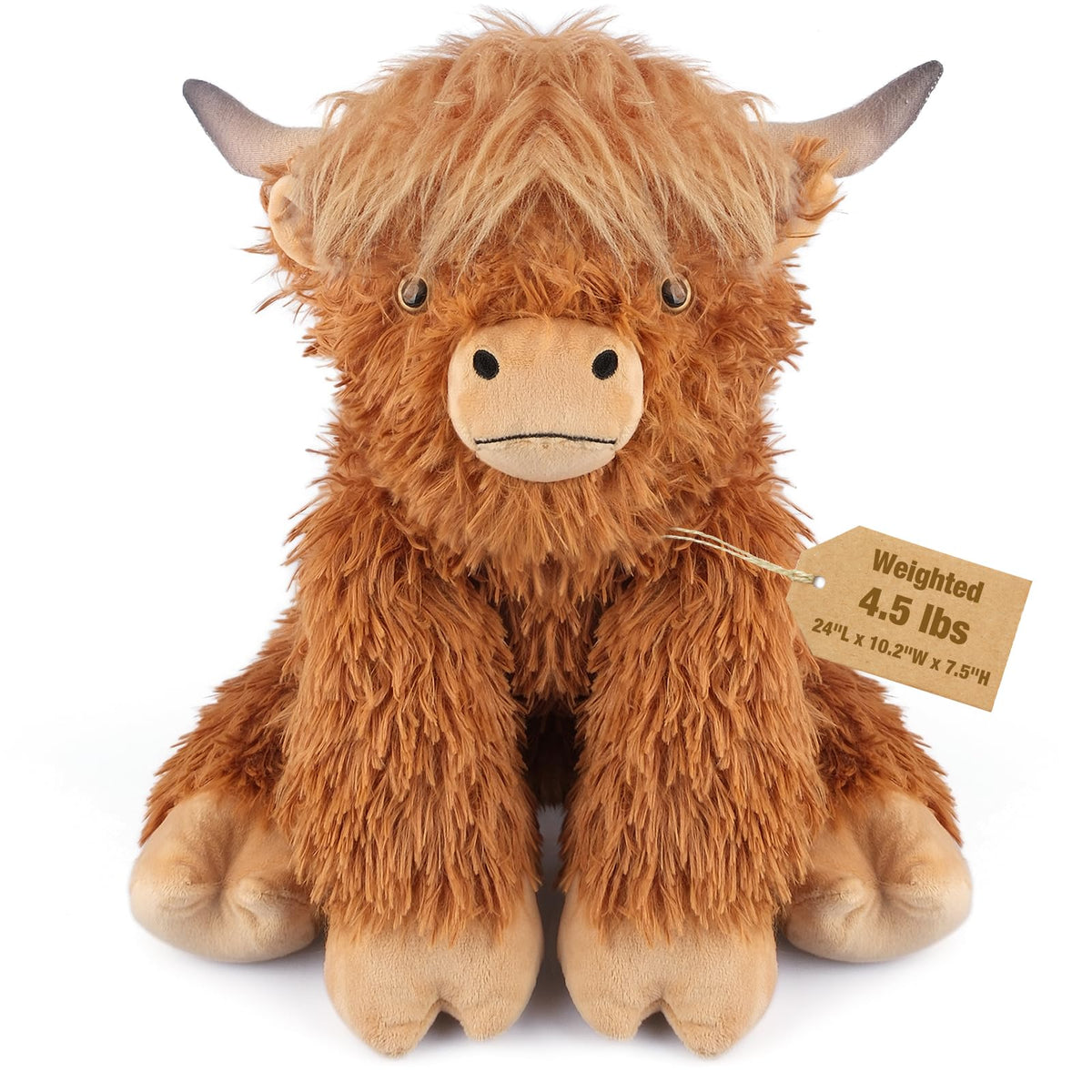 Bobbie & Laxi Highland Cow weighted plush sitting pose for calming companionship.