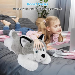 Bobbie & Laxi husky during travel, portable plush for on-the-go comfort.