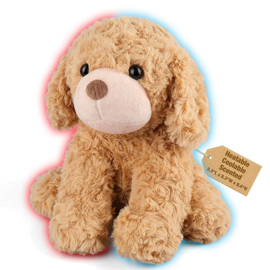 Bobbie and Laxi microwavable dog plush heat pad for soothing cramps and muscle tension.