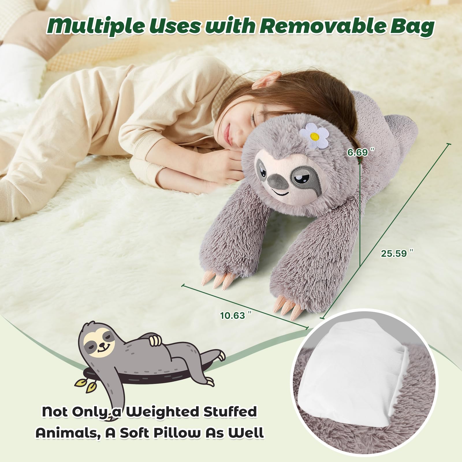 Removable weighted bag on Bobbie & Laxi sloth for customizable comfort