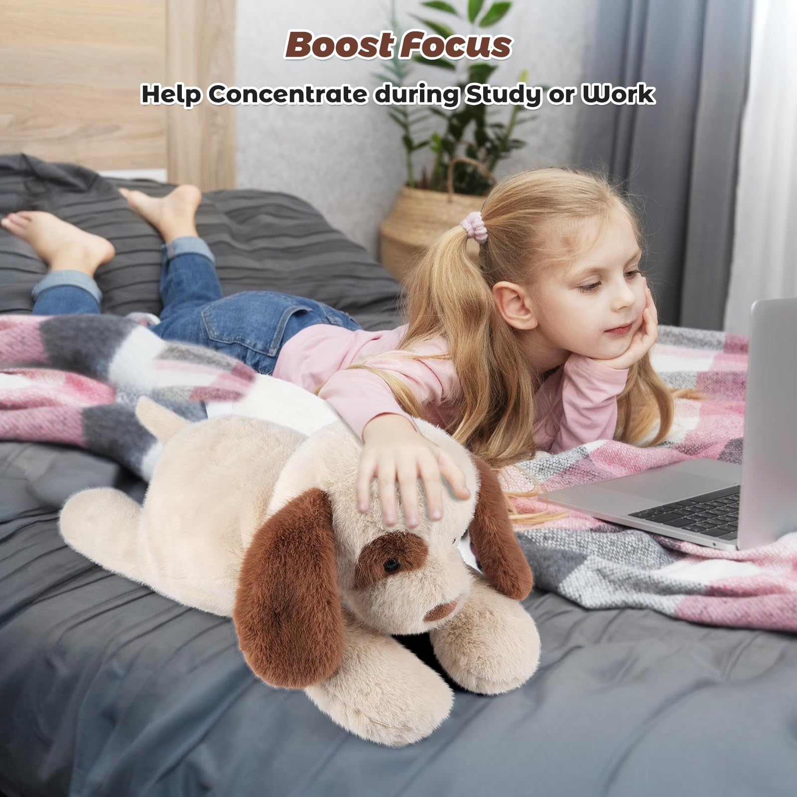 Bobbie & Laxi travel-friendly weighted dog plush for on-the-go comfort.