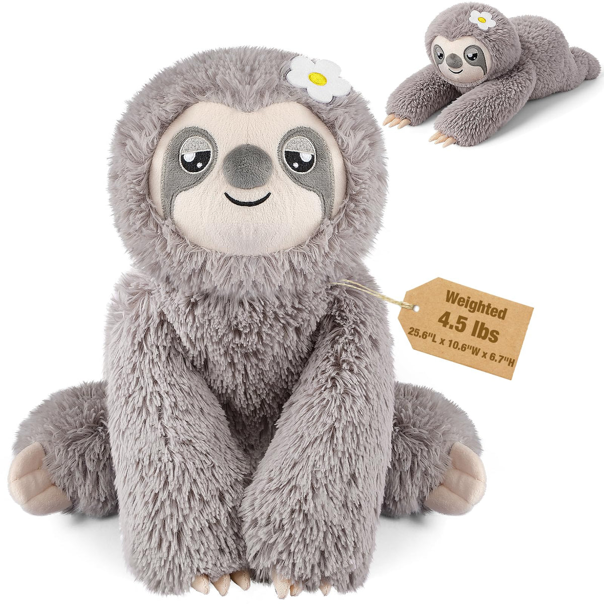 Bobbie & Laxi weighted sloth sits upright for cozy reading support