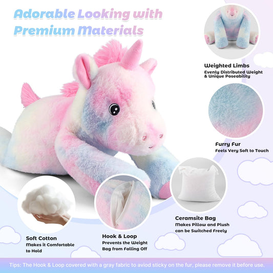 Bobbie & Laxi weighted unicorn laying pose offers soothing support