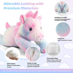 Bobbie & Laxi weighted unicorn laying pose offers soothing support