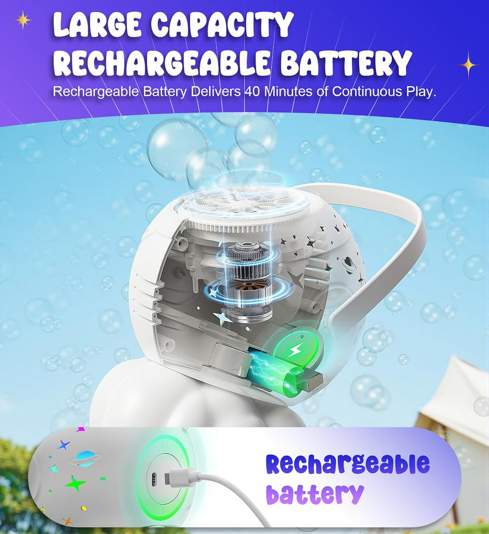 Boerfmo bubble machine with celestial LED light show for magical moments.