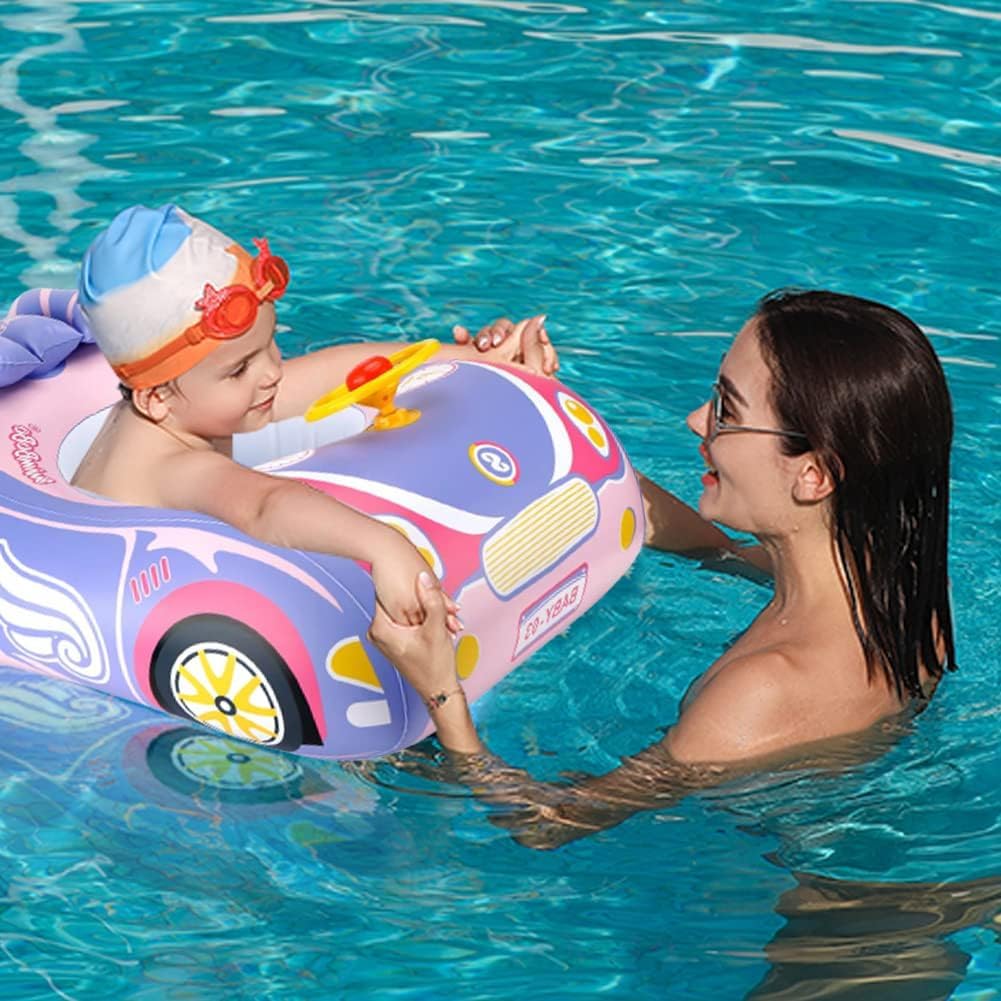 BOffer car baby pool float pink age range graphic informs suitability.