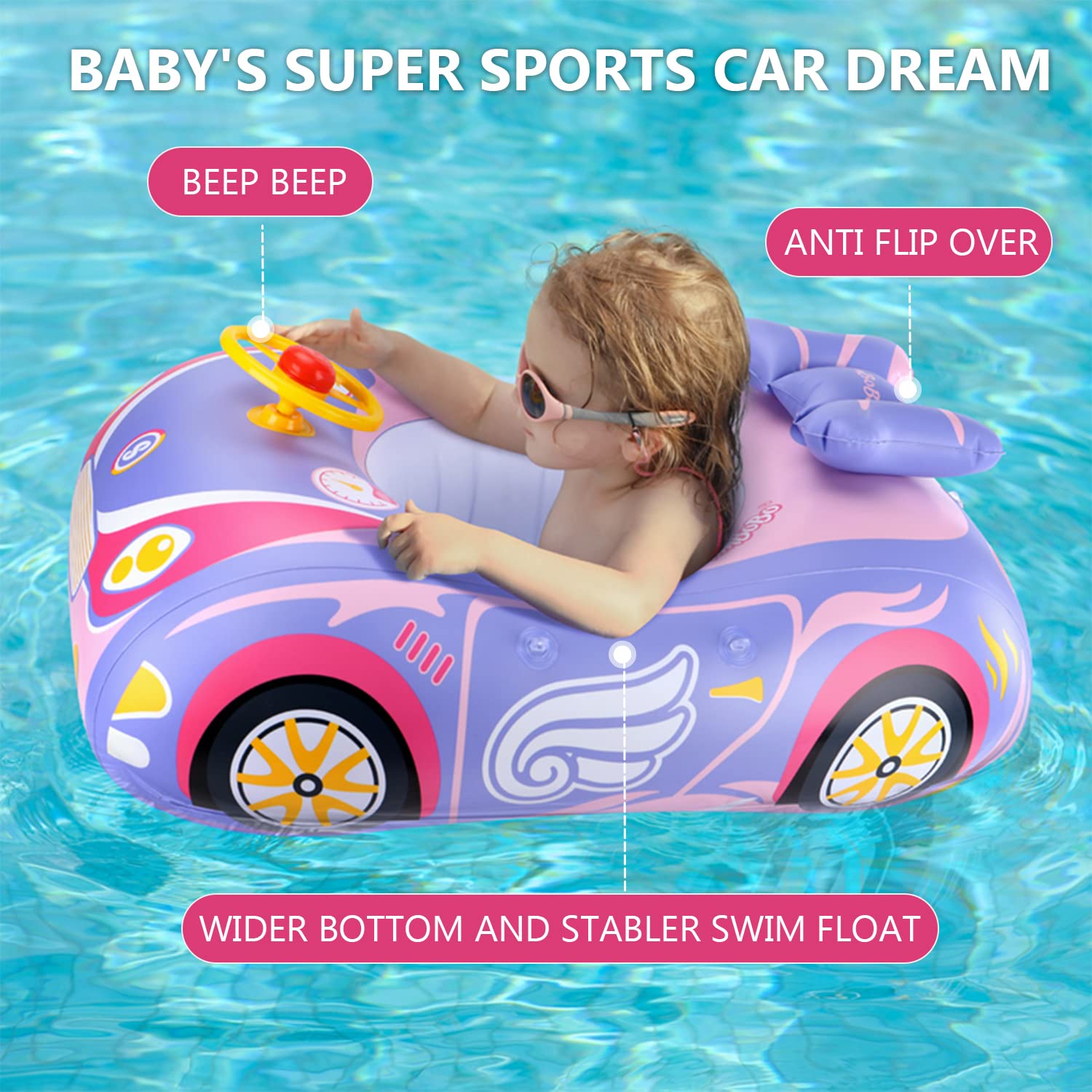BOffer car baby pool float pink interior with back cushion support.
