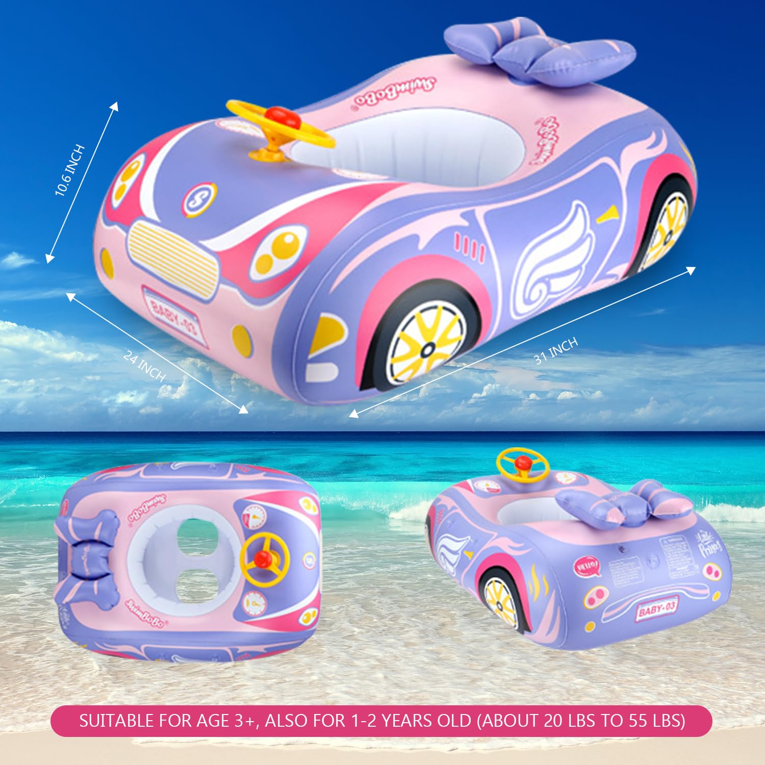 BOffer car baby pool float pink steering wheel detail promotes interactive water play.