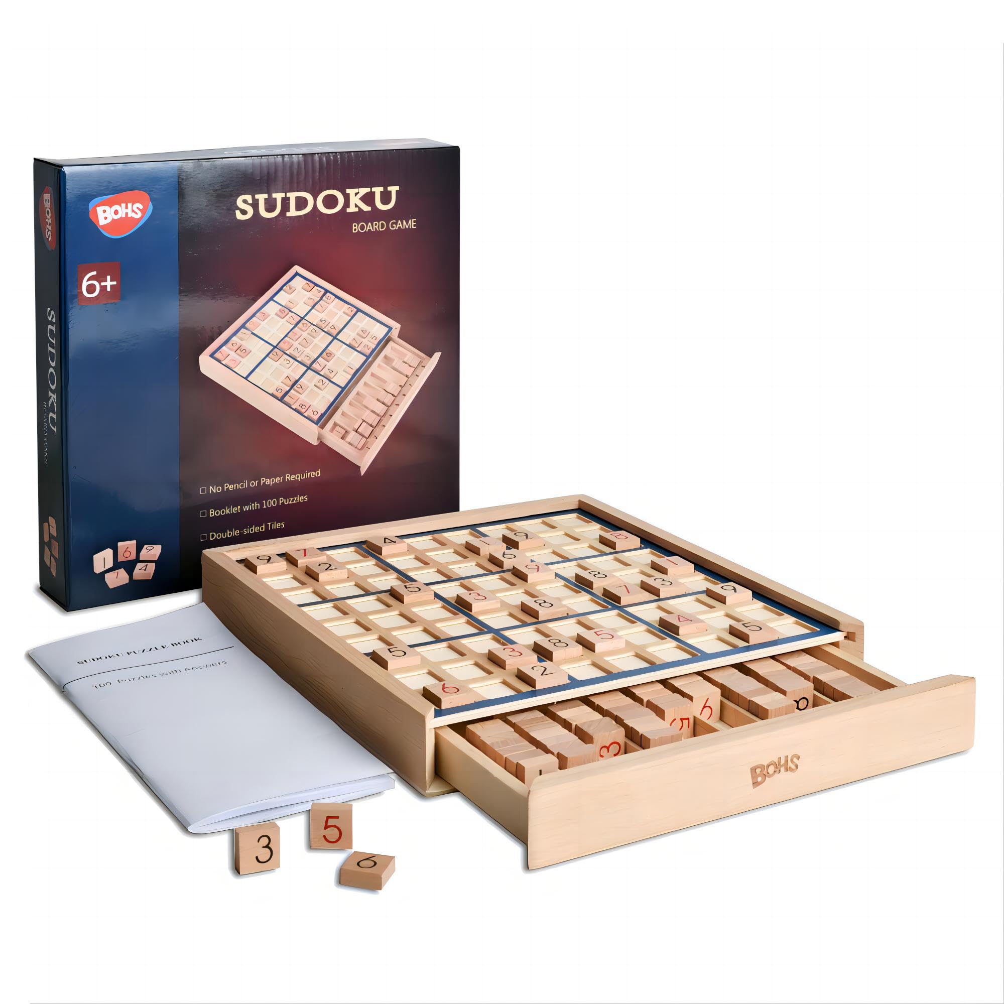 BOHS wooden Sudoku board with drawer keeps puzzles organized on your desk.