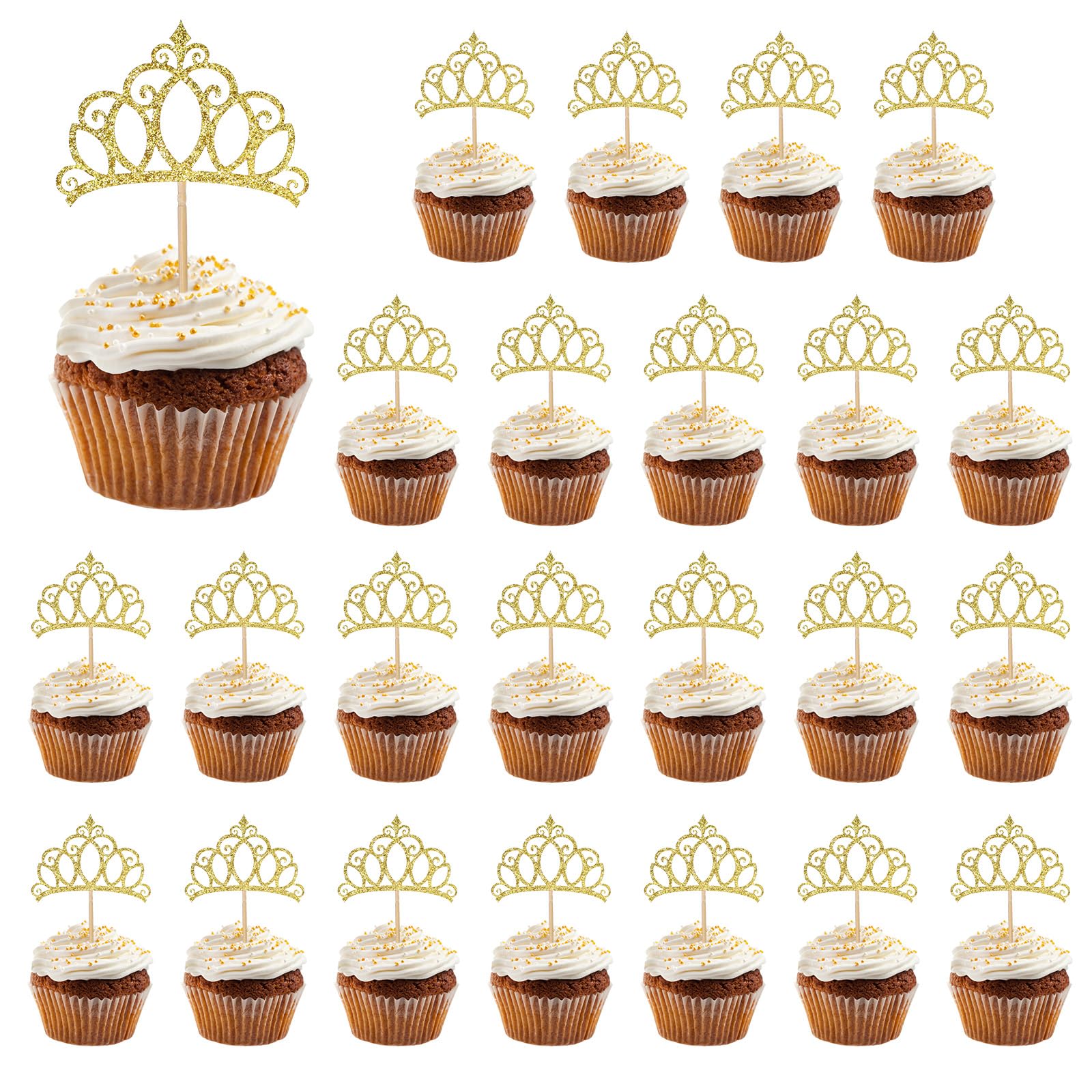 BOHUIZ gold crown cupcake toppers decorate a cake for a festive birthday.