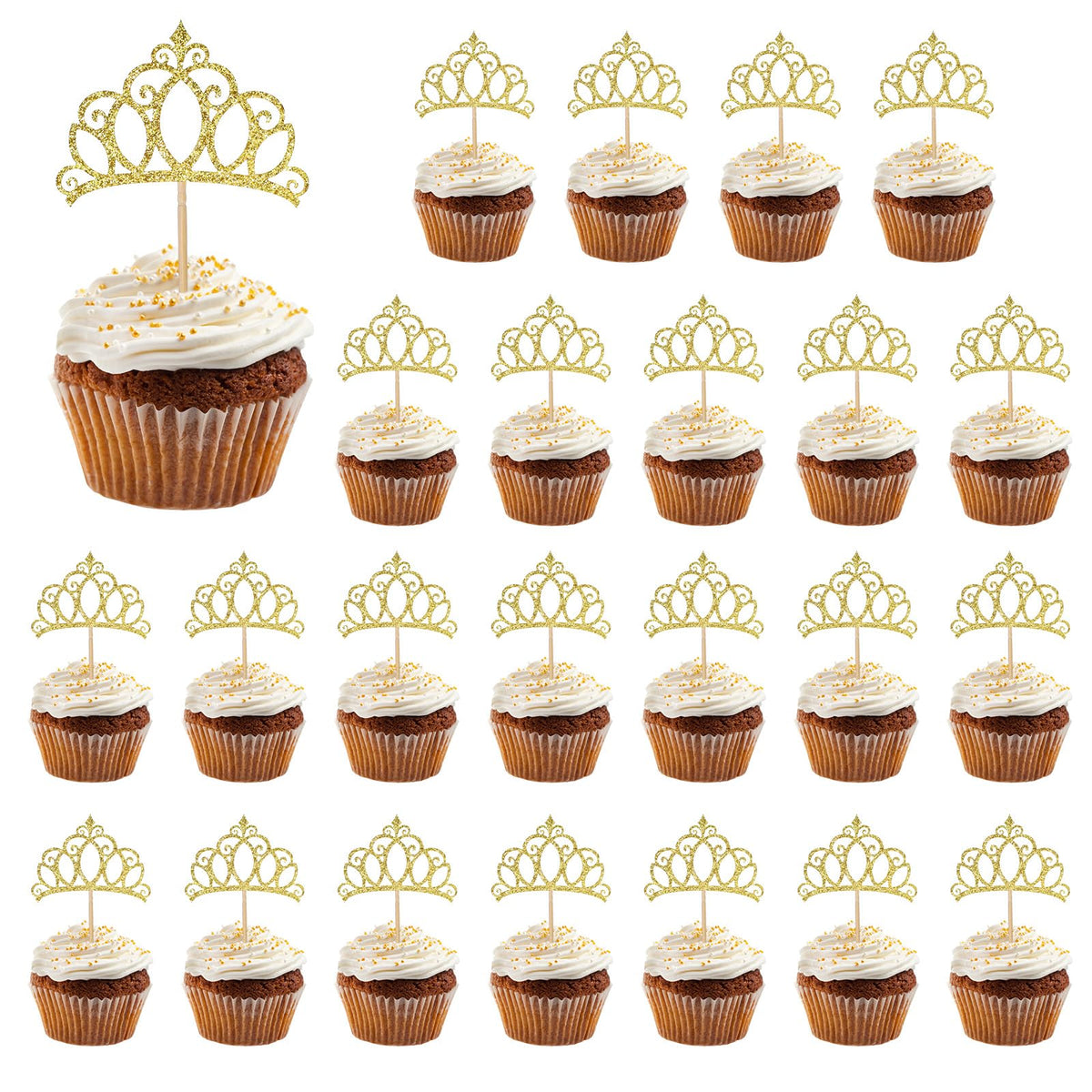 BOHUIZ gold crown cupcake toppers decorate a cake for a festive birthday.