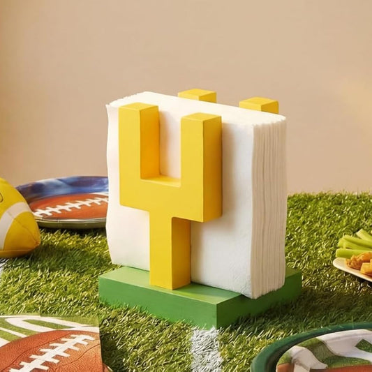 Bokon football tissue holder with goal-post design adds color to sports parties.