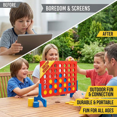 Bolaball giant connect-four outdoor game demonstrates weather-resistant plastic construction.