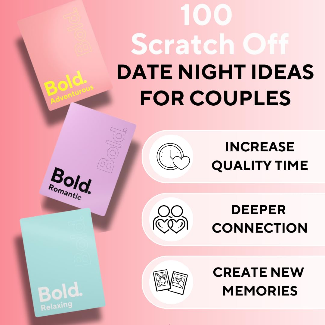 Bold 100 scratch-off date ideas cards being scratched reveal a romantic adventure