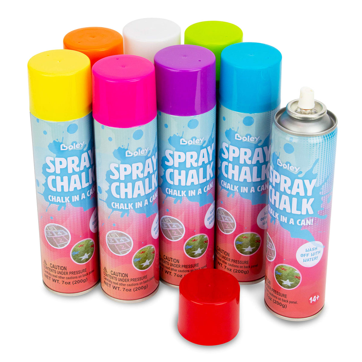 Boley Spray Chalk blue eight-pack for vivid outdoor art, easily washable after play.