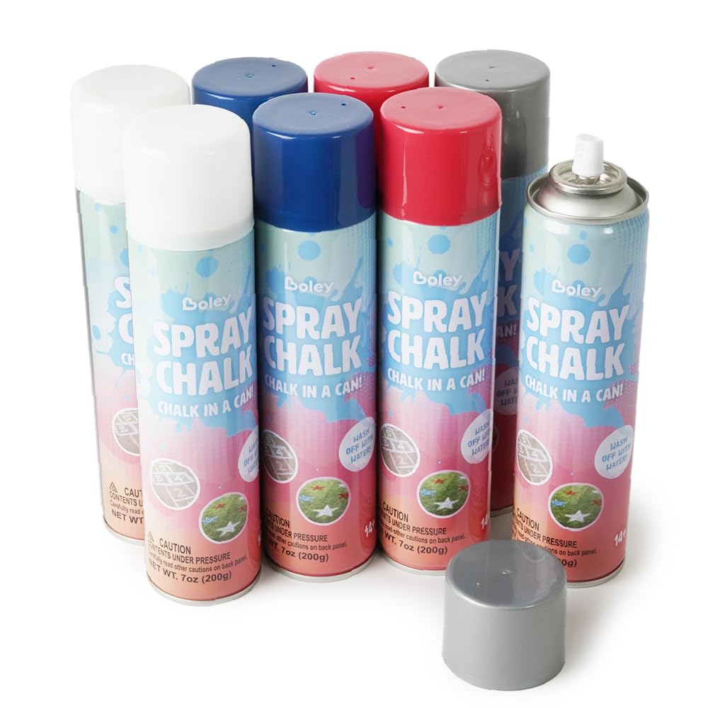 Boley spray chalk 8-pack cans arranged for patriotic sidewalk art.