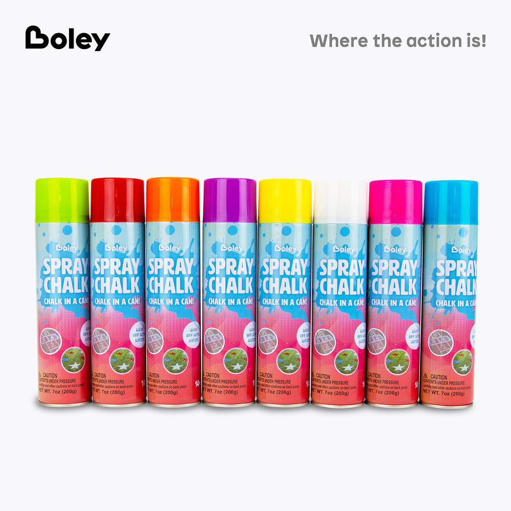 Boley Spray Chalk yellow eight-pack sparks cheerful color bursts for outdoor fun.