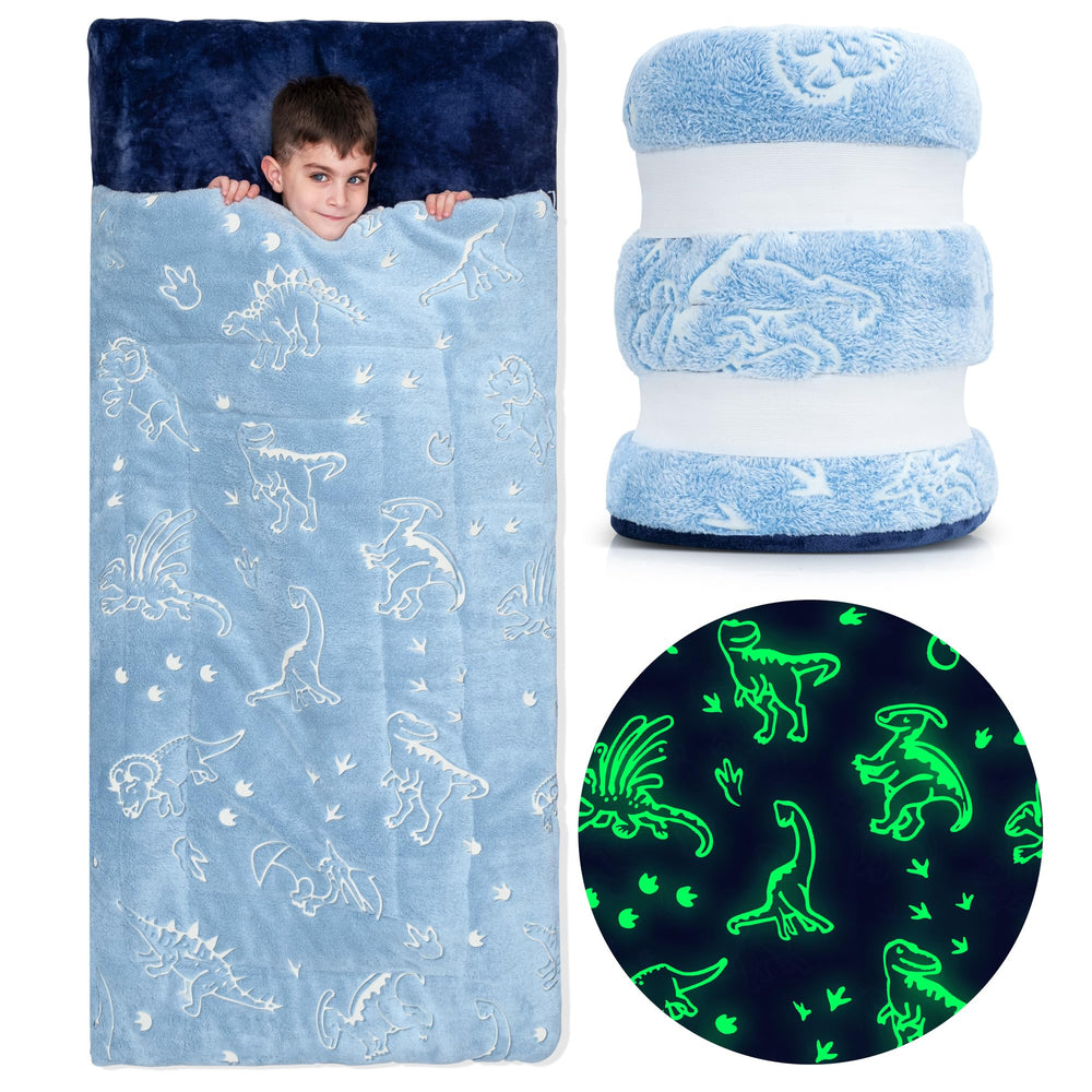 Bollepo dinosaur glow sleeping bag for kids' sleepovers and night-time adventures