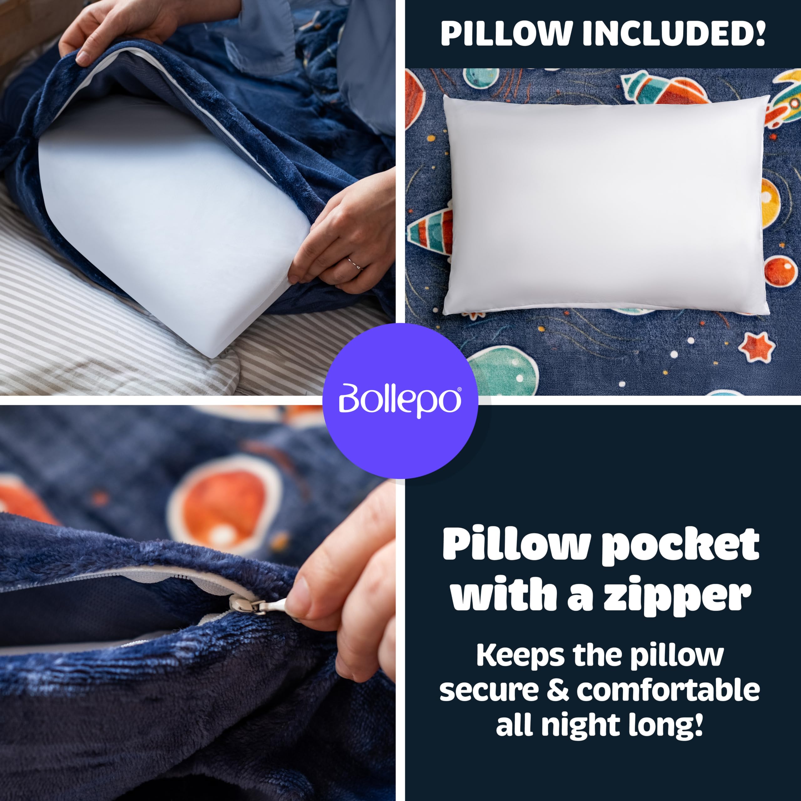 Durable outer polyester shell of Bollepo space sleeping bag for kids.
